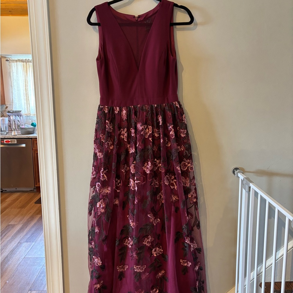 Night Way Collections Embroidered Illusion Neck Burgundy Dress